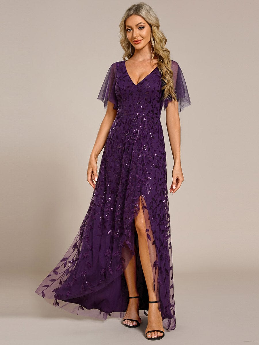 Short Sleeves Sequin High Low V-Neck Midi Formal Evening Dress #color_Dark Purple