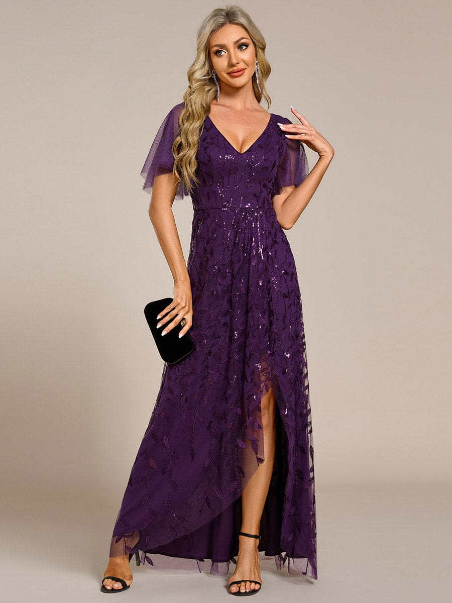 Short Sleeves Sequin High Low V-Neck Midi Formal Evening Dress #color_Dark Purple