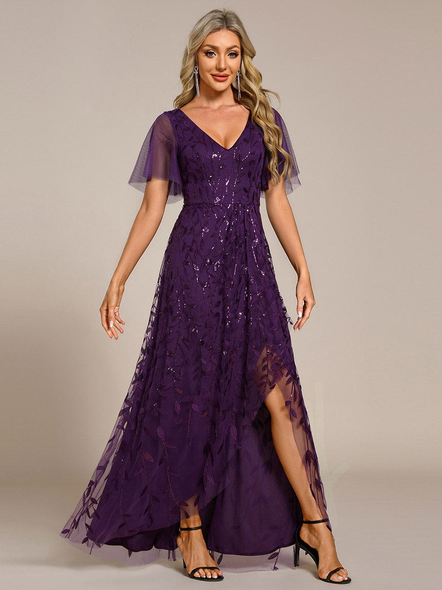 Short Sleeves Sequin High Low V-Neck Midi Formal Evening Dress #color_Dark Purple