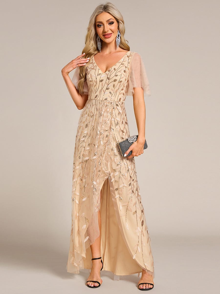 Short Sleeves Sequin High Low V-Neck Midi Formal Evening Dress #color_Gold