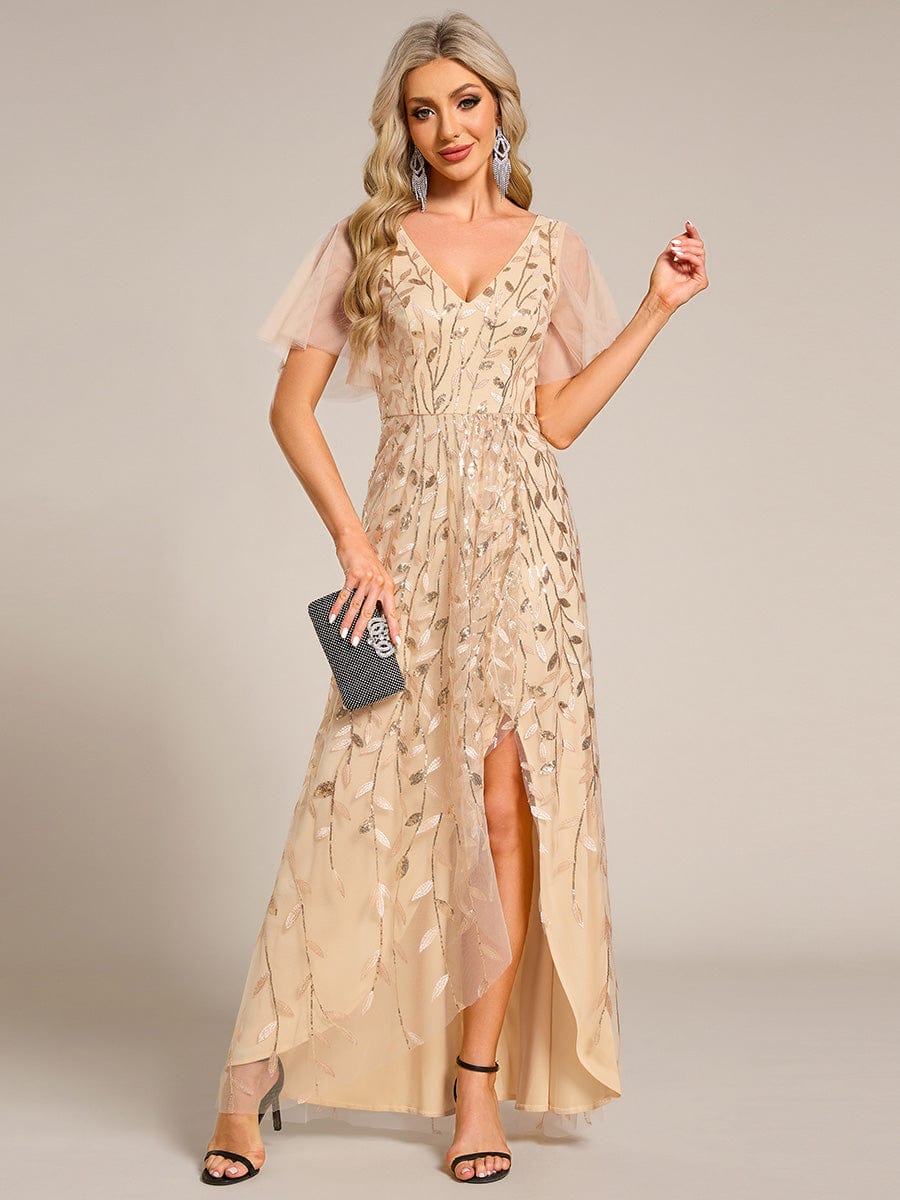 Short Sleeves Sequin High Low V-Neck Midi Formal Evening Dress #color_Gold