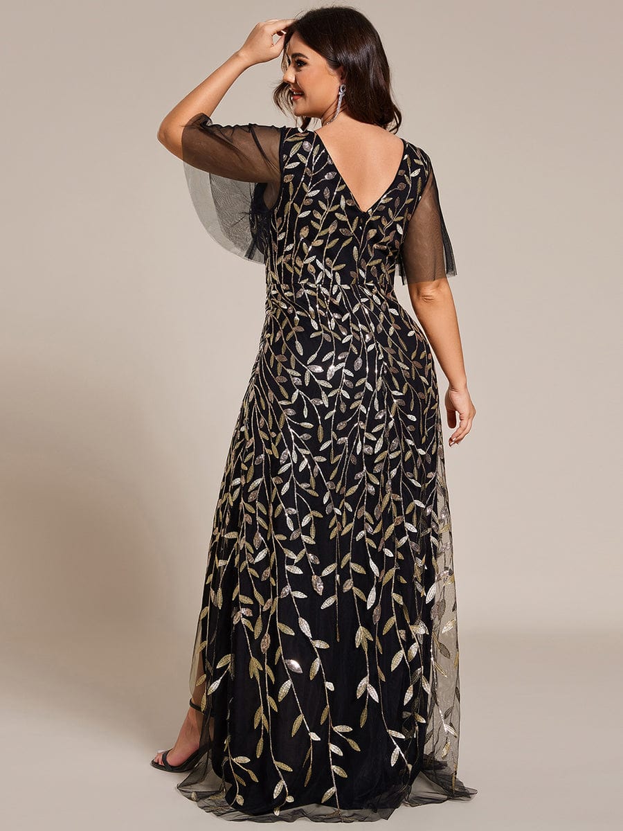 Plus Size Short Sleeves Sequin High Low V-Neck Midi Formal Evening Dress #color_Black & Gold