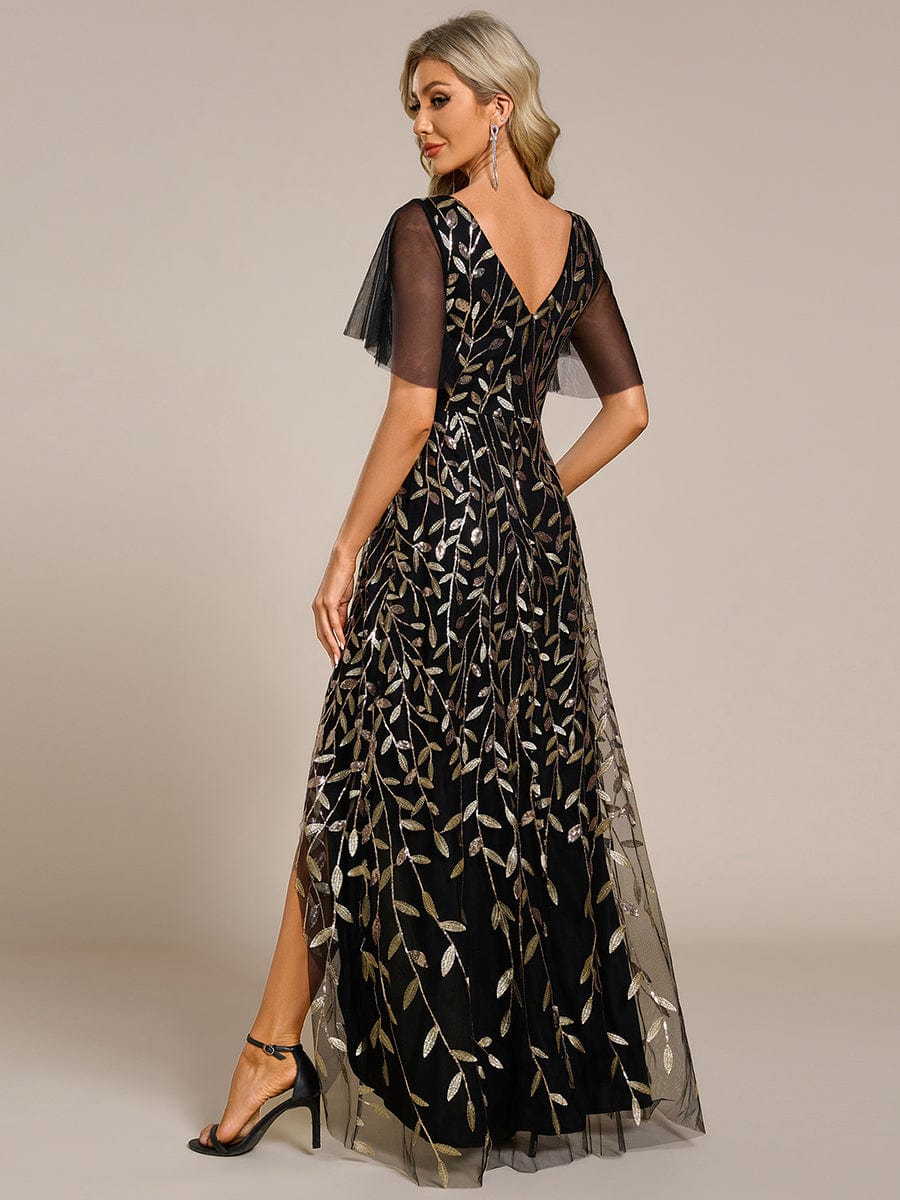 Short Sleeves Sequin High Low V-Neck Midi Formal Evening Dress #color_Black & Gold