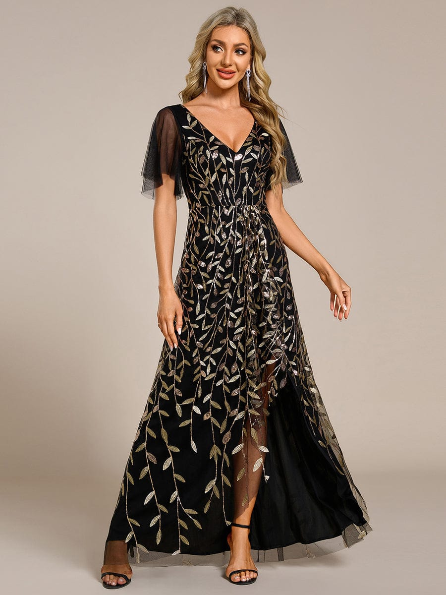 Short Sleeves Sequin High Low V-Neck Midi Formal Evening Dress #color_Black & Gold