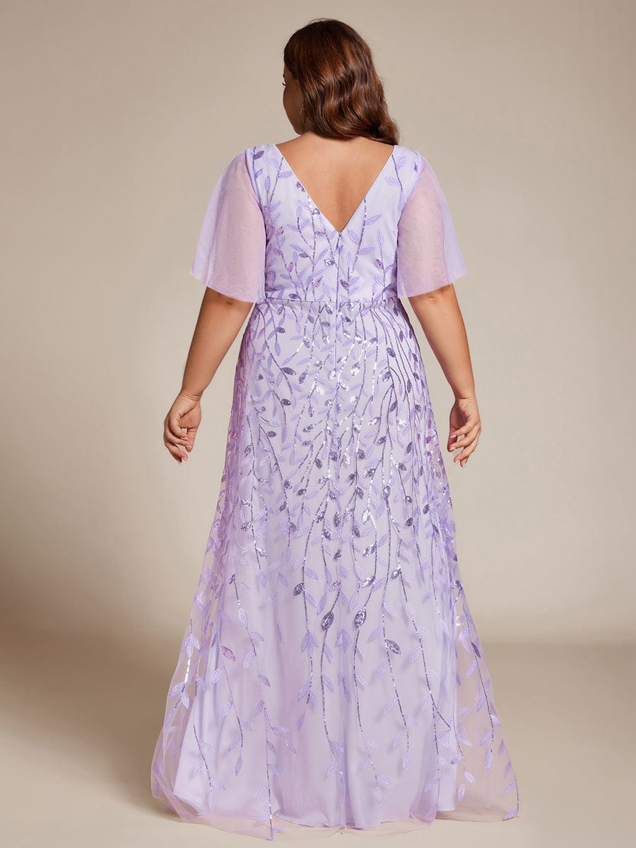 Short Sleeves Sequin High Low V-Neck Midi Formal Evening Dress #color_Lavender