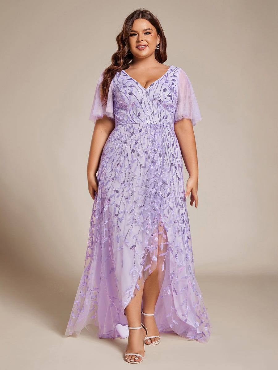 Short Sleeves Sequin High Low V-Neck Midi Formal Evening Dress #color_Lavender