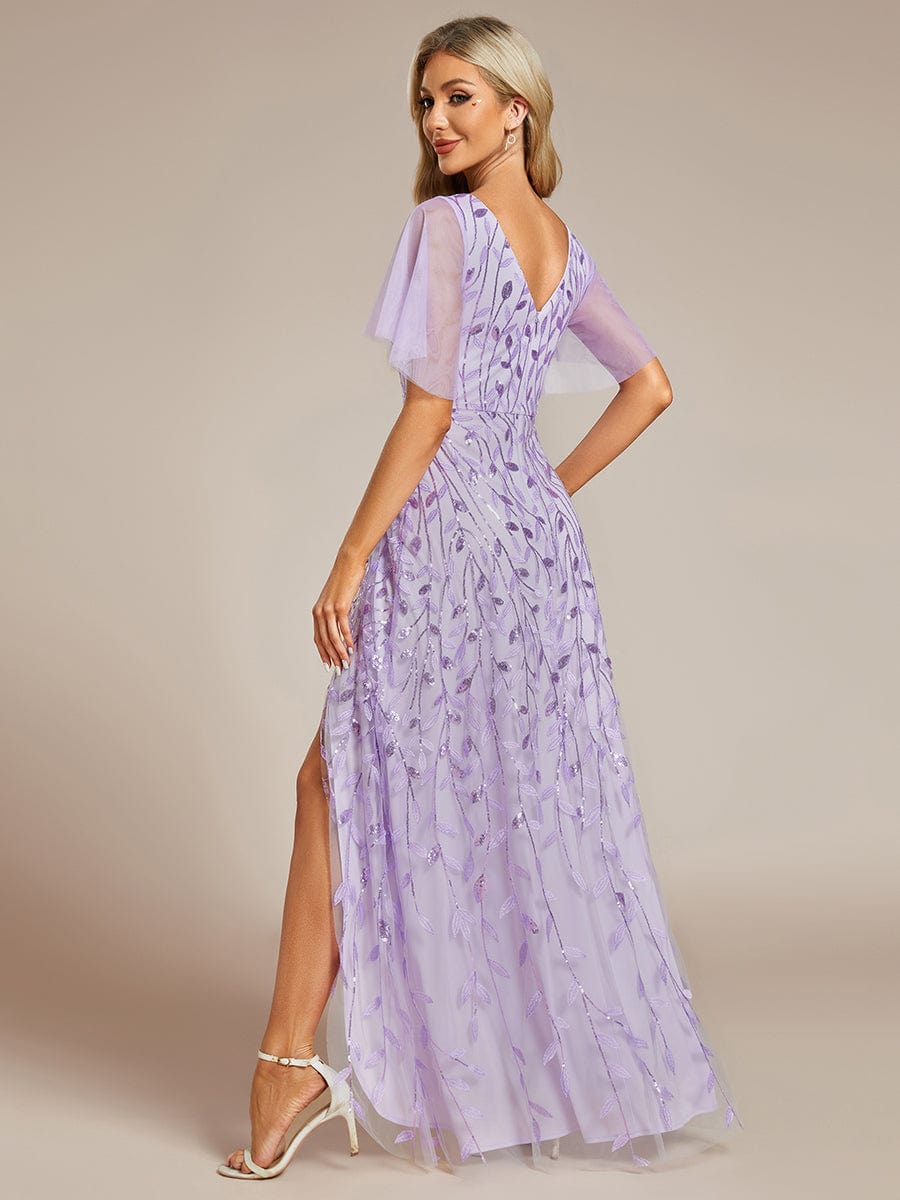 Short Sleeves Sequin High Low V-Neck Midi Formal Evening Dress #color_Lavender