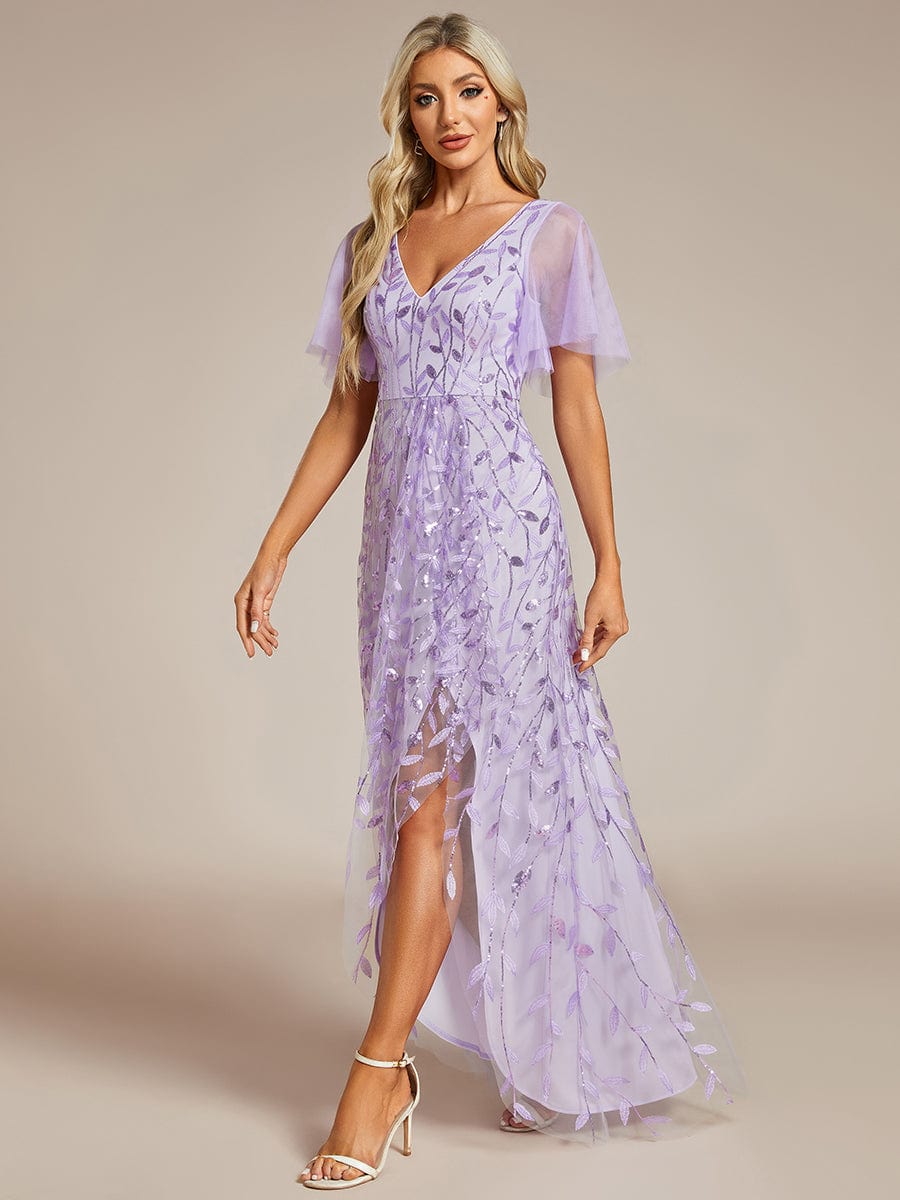 Short Sleeves Sequin High Low V-Neck Midi Formal Evening Dress #color_Lavender