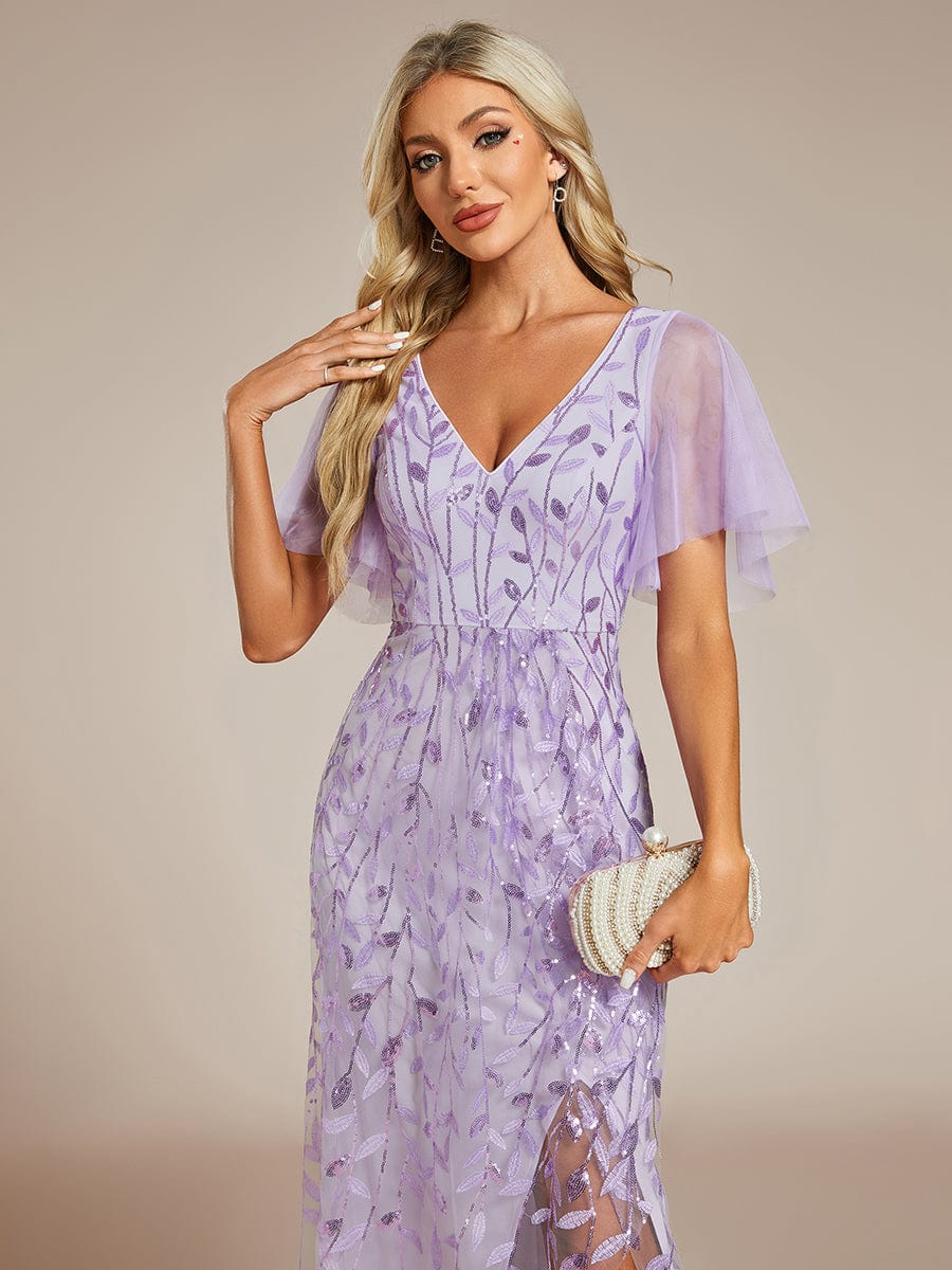 Short Sleeves Sequin High Low V-Neck Midi Formal Evening Dress #color_Lavender