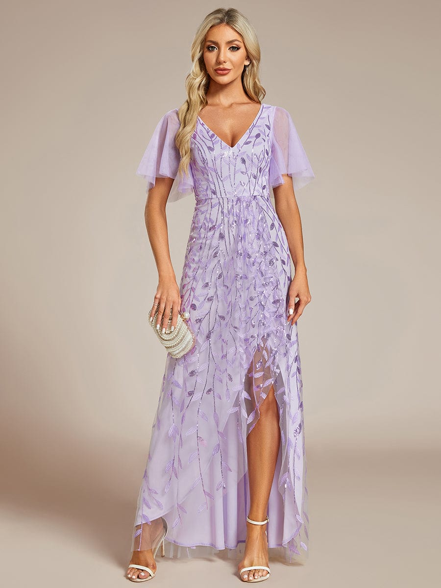 Short Sleeves Sequin High Low V-Neck Midi Formal Evening Dress #color_Lavender