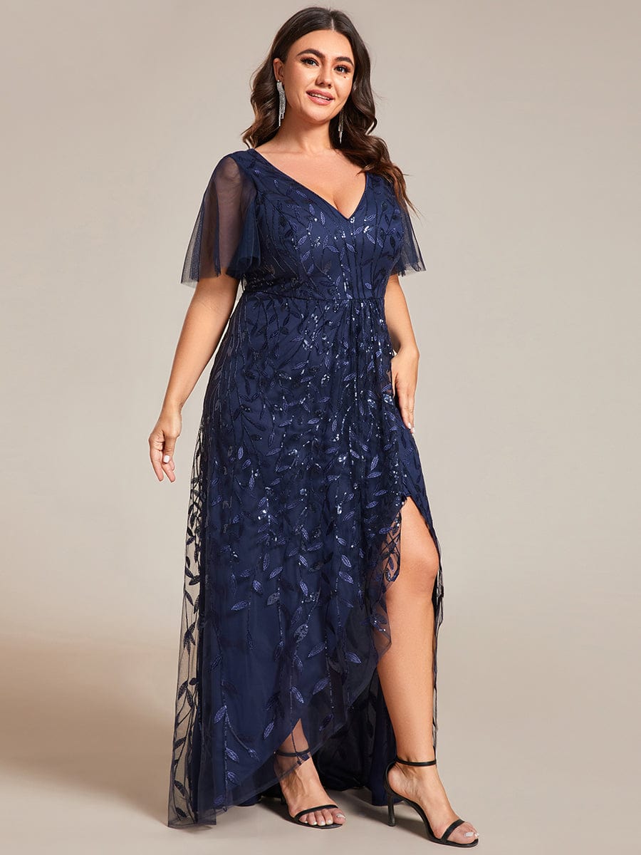 Short Sleeves Sequin High Low V-Neck Midi Formal Evening Dress #color_Navy Blue