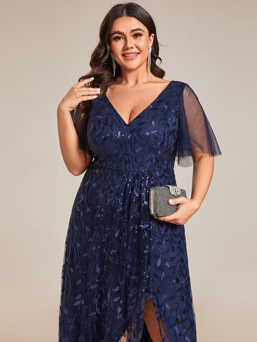 Short Sleeves Sequin High Low V-Neck Midi Formal Evening Dress #color_Navy Blue