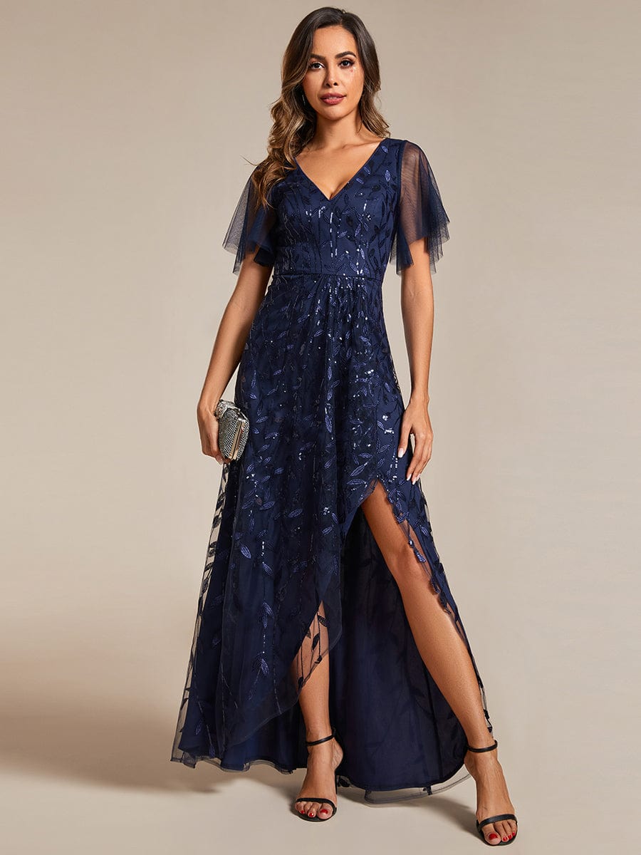 Short Sleeves Sequin High Low V-Neck Midi Formal Evening Dress #color_Navy Blue