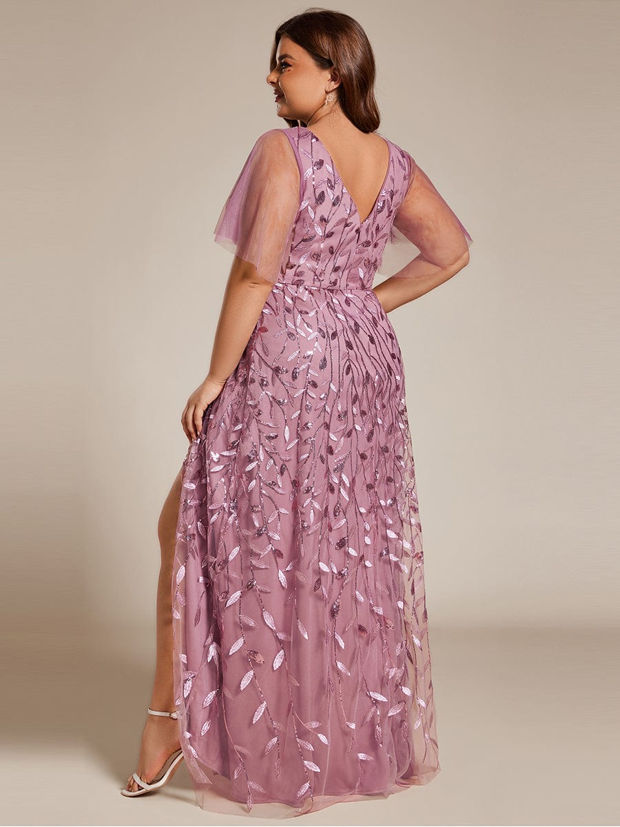 Short Sleeves Sequin High Low V-Neck Midi Formal Evening Dress #color_Purple Orchid