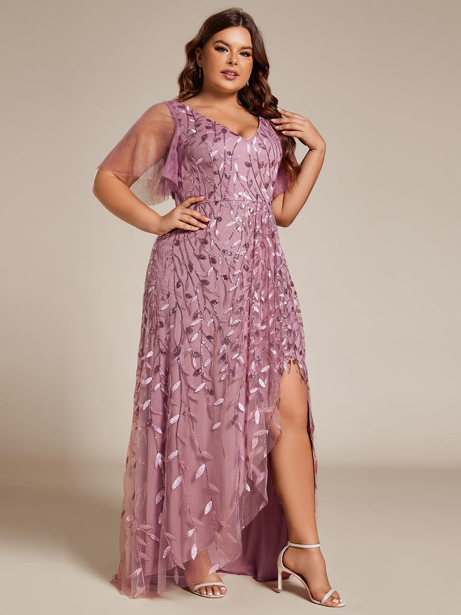 Short Sleeves Sequin High Low V-Neck Midi Formal Evening Dress #color_Purple Orchid