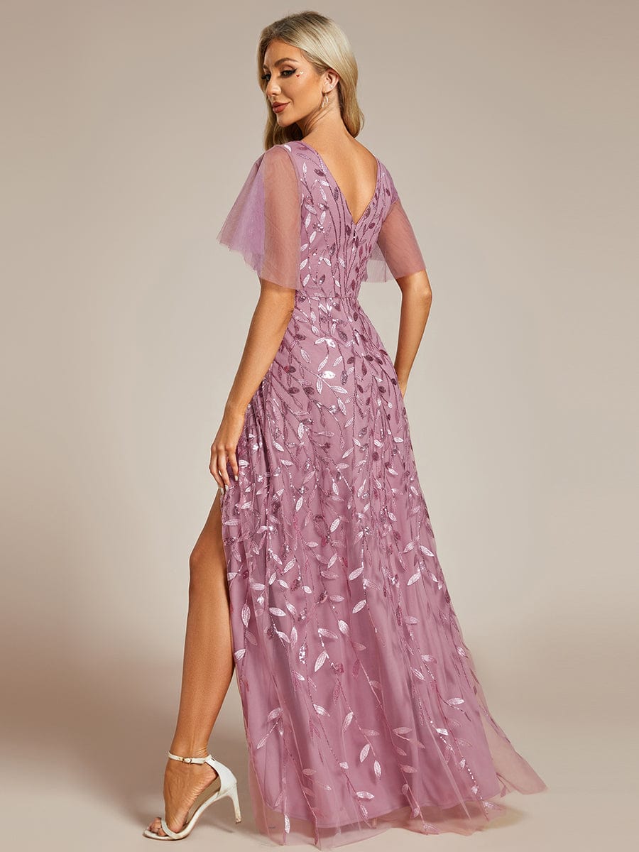 Short Sleeves Sequin High Low V-Neck Midi Formal Evening Dress #color_Purple Orchid