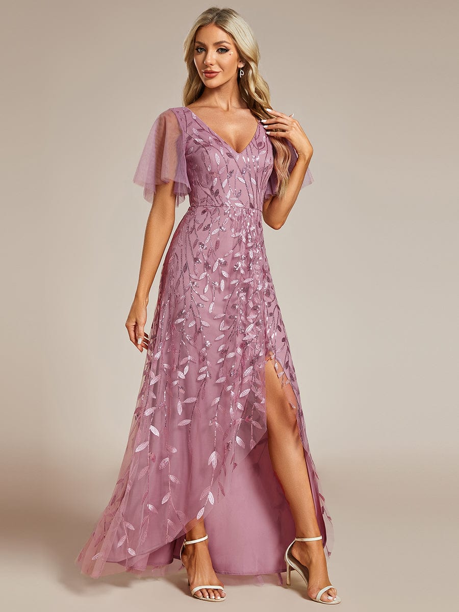 Short Sleeves Sequin High Low V-Neck Midi Formal Evening Dress #color_Purple Orchid