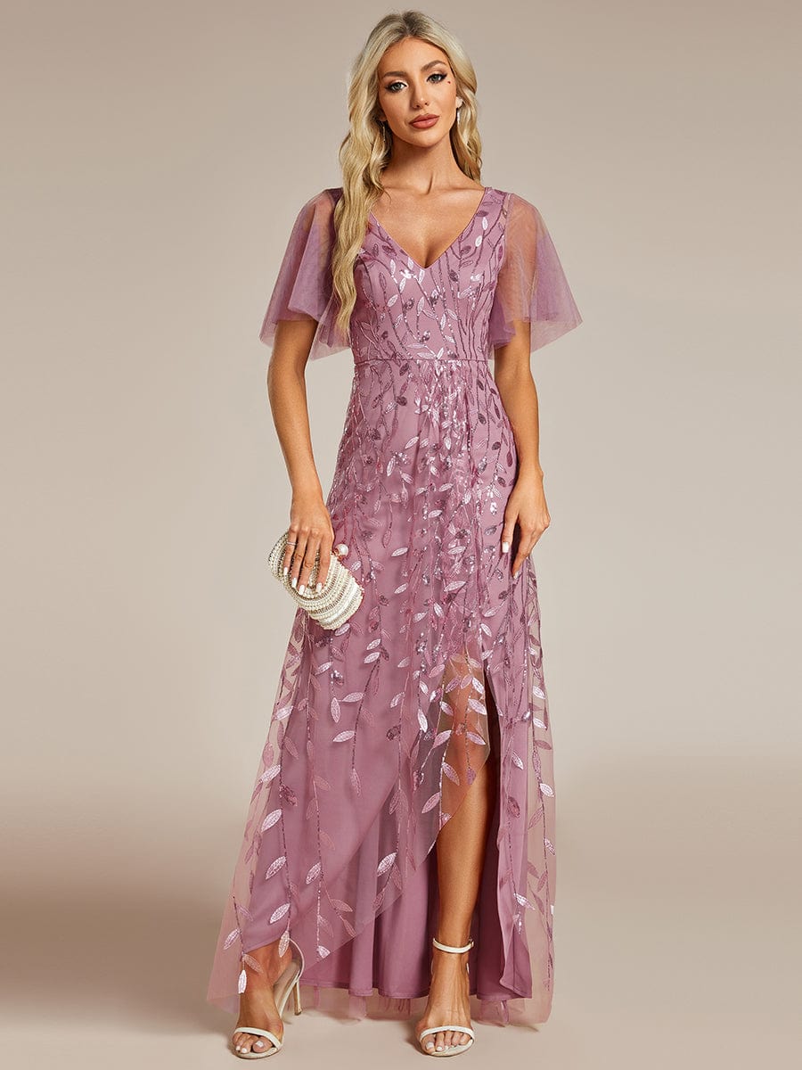 Short Sleeves Sequin High Low V-Neck Midi Formal Evening Dress #color_Purple Orchid