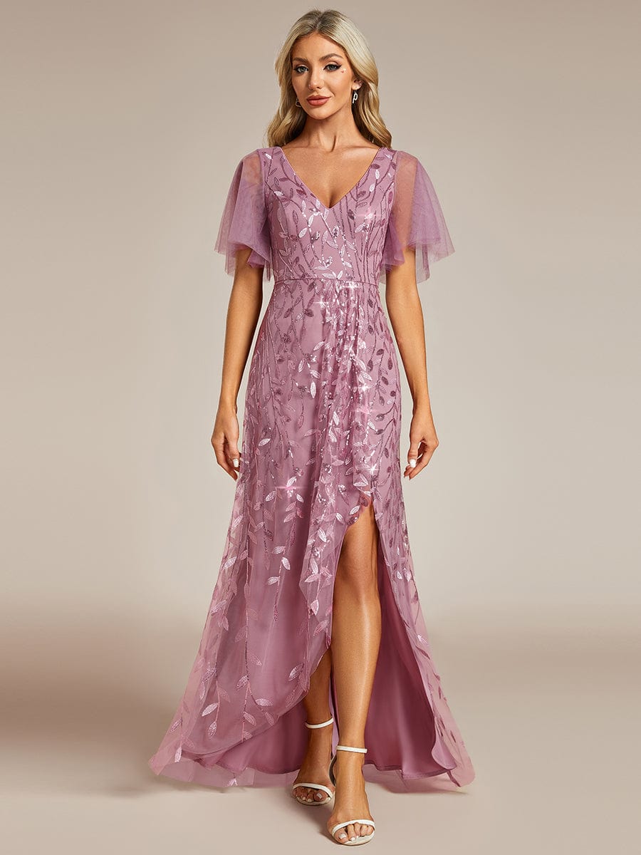 Short Sleeves Sequin High Low V-Neck Midi Formal Evening Dress #color_Purple Orchid