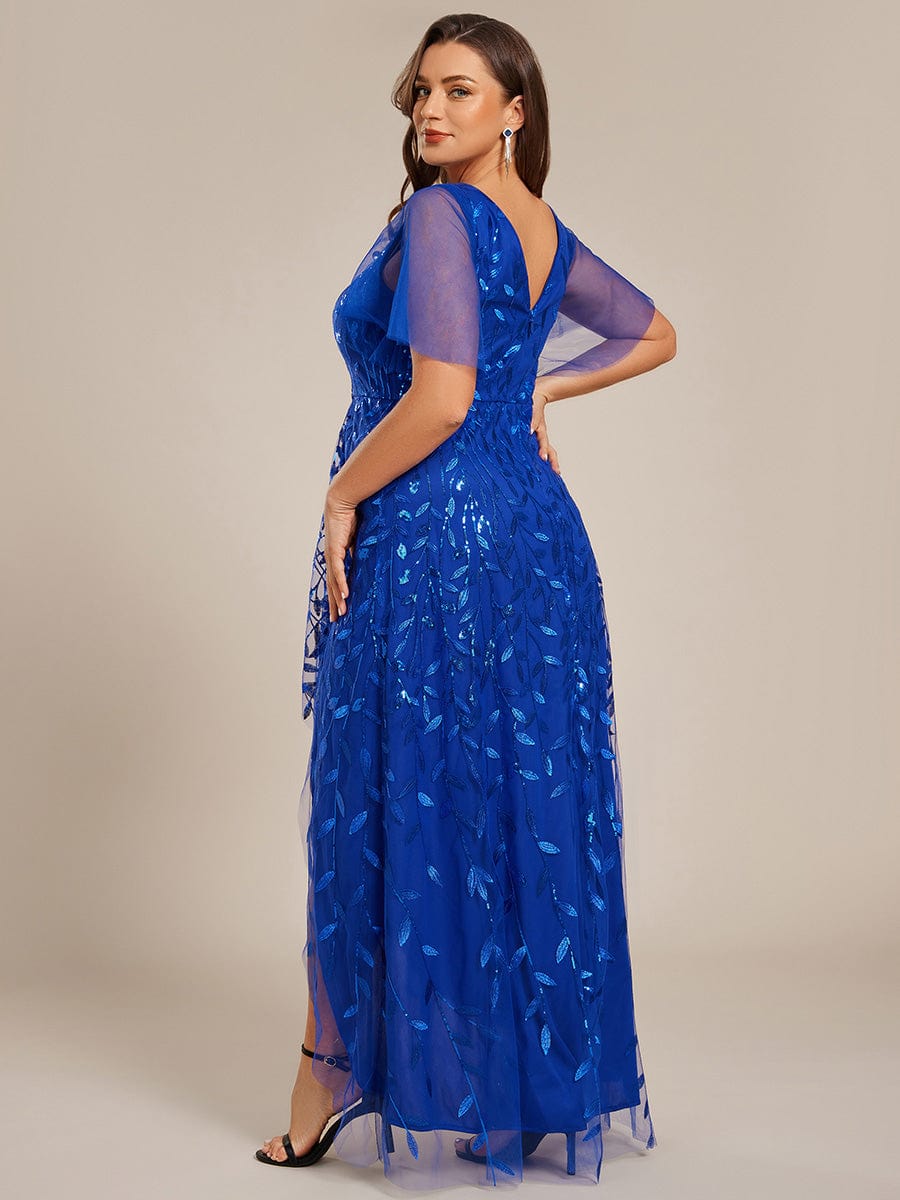 Short Sleeves Sequin High Low V-Neck Midi Formal Evening Dress #color_Sapphire Blue