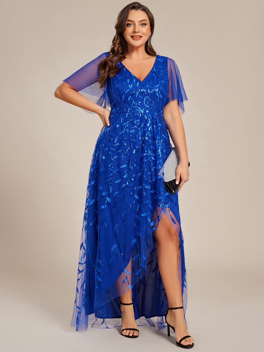 Plus Size Short Sleeves Sequin High Low V-Neck Midi Formal Evening Dress #color_Sapphire Blue