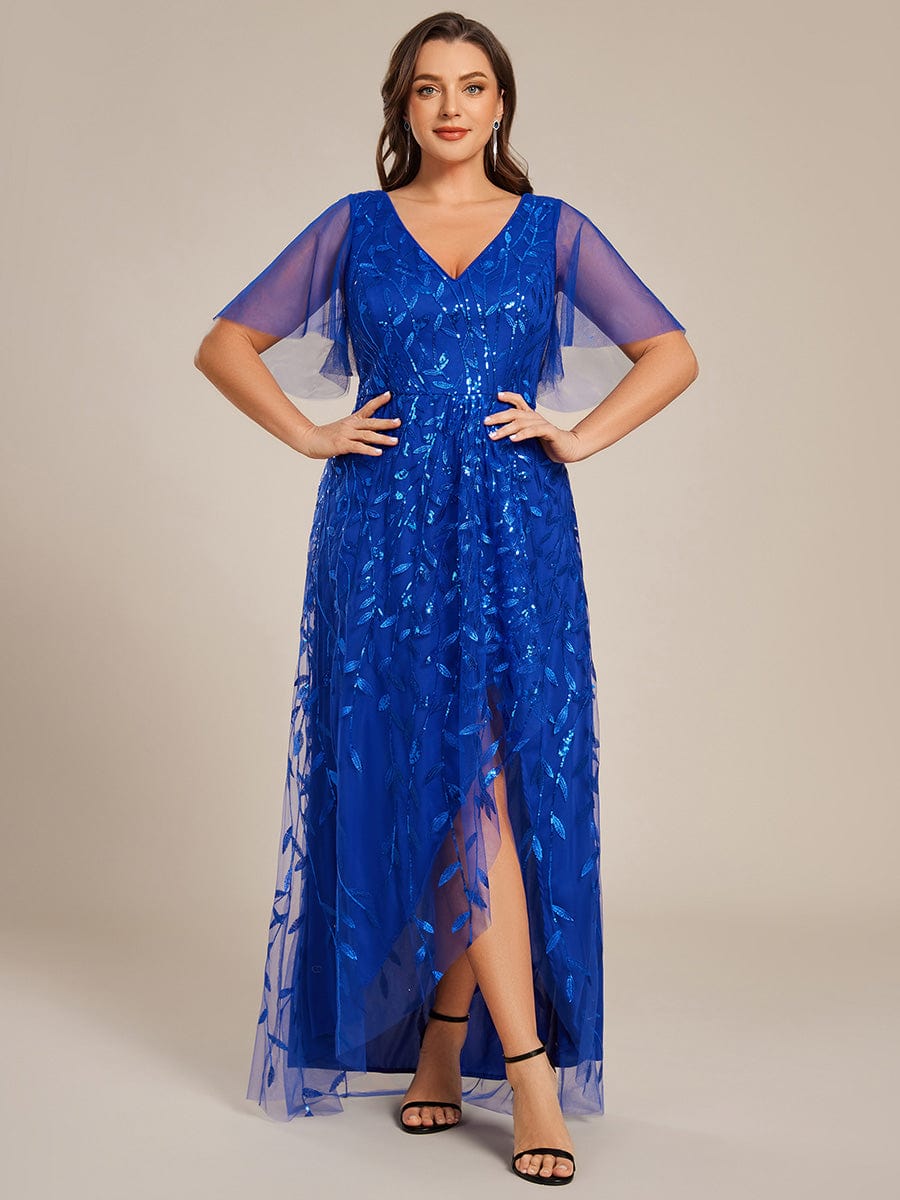 Short Sleeves Sequin High Low V-Neck Midi Formal Evening Dress #color_Sapphire Blue