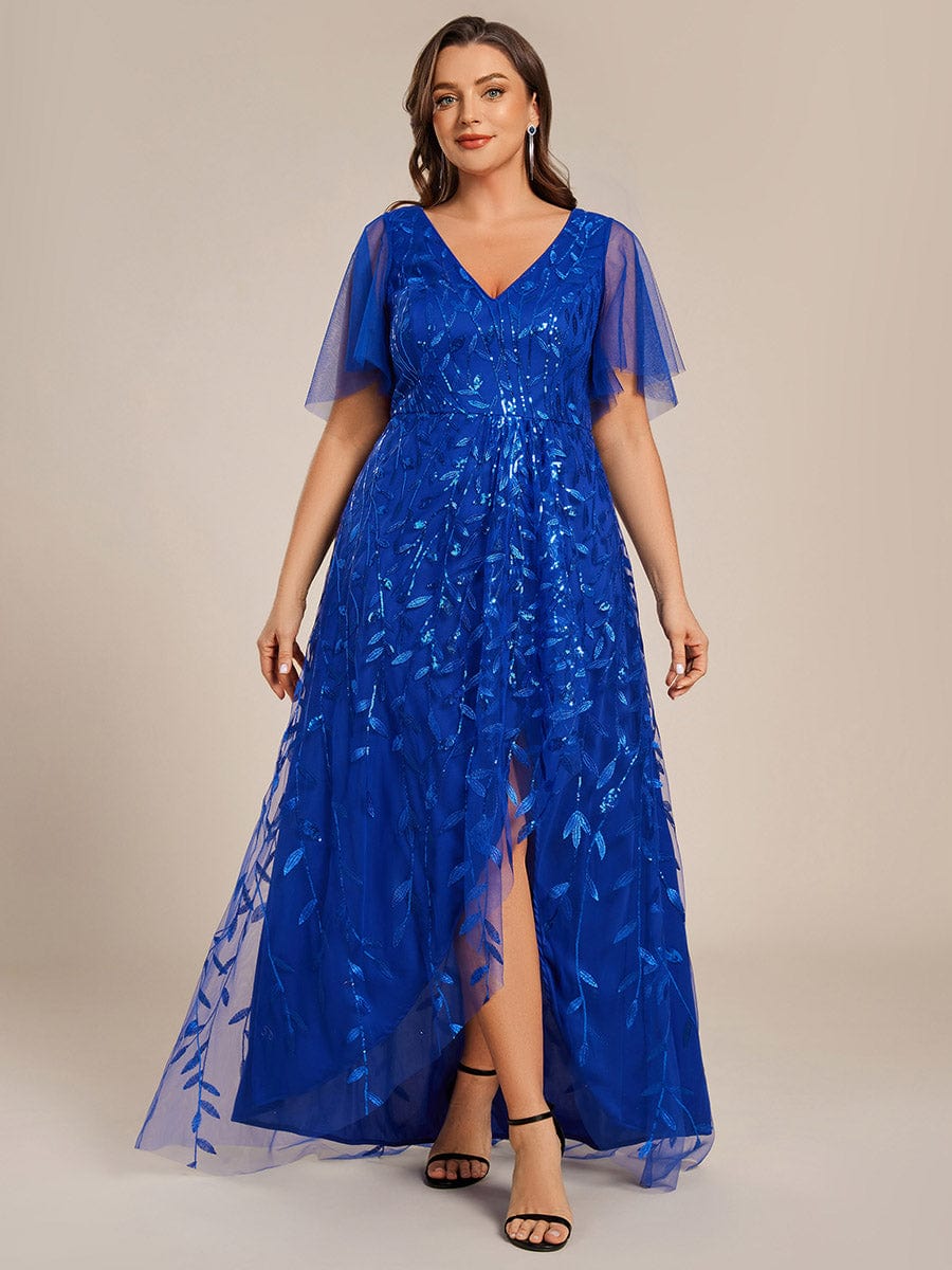 Plus Size Short Sleeves Sequin High Low V-Neck Midi Formal Evening Dress #color_Sapphire Blue