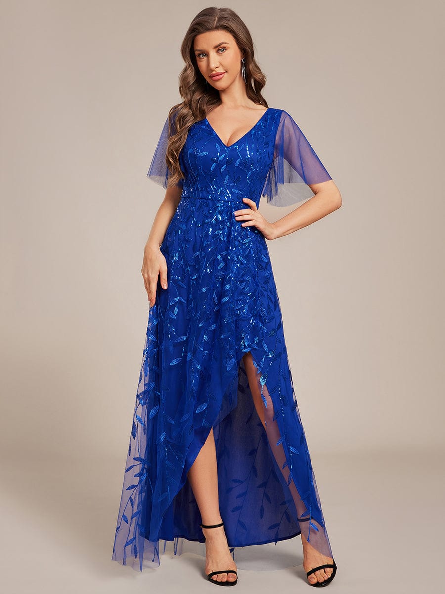 Short Sleeves Sequin High Low V-Neck Midi Formal Evening Dress #color_Sapphire Blue