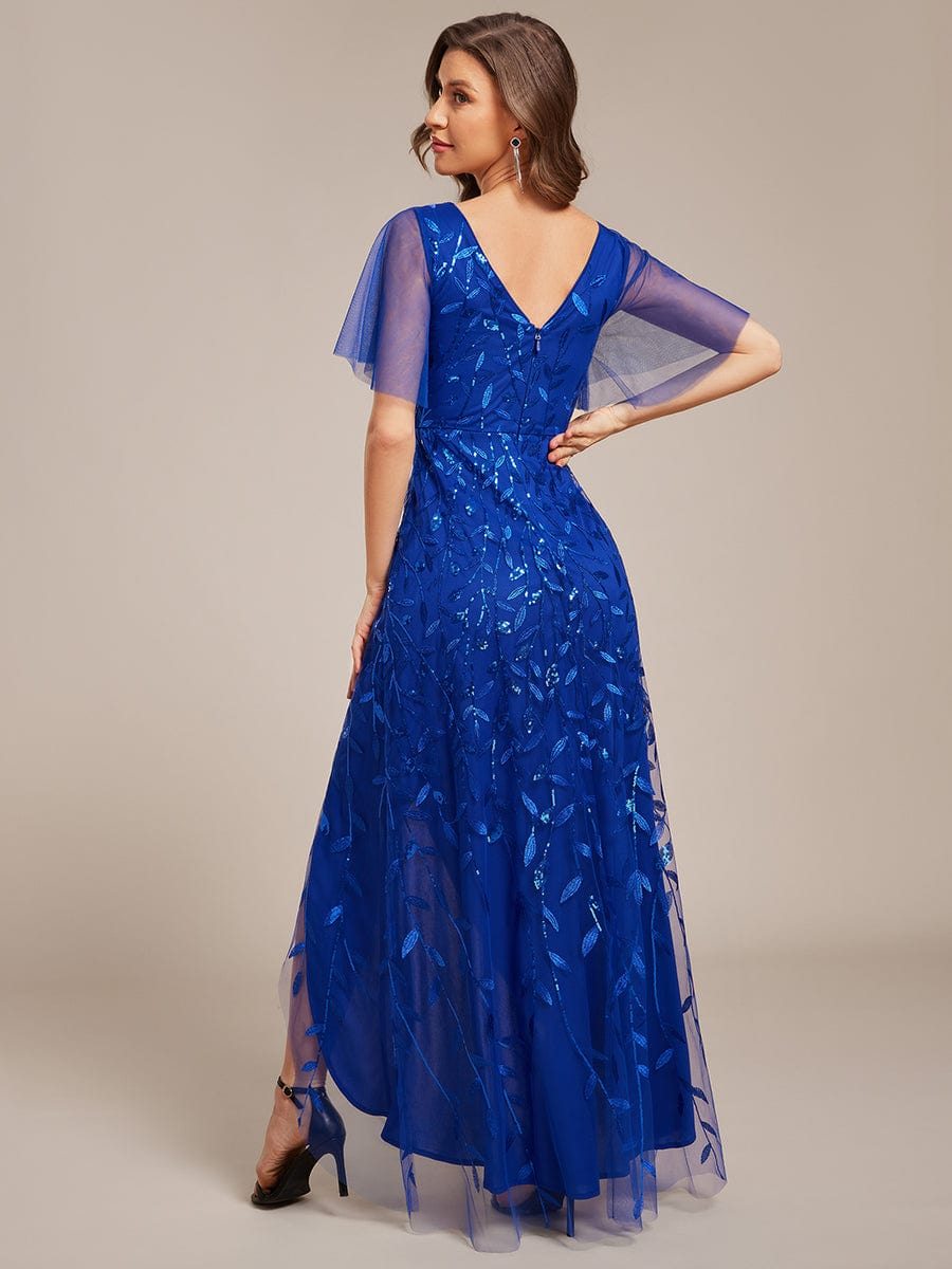 Short Sleeves Sequin High Low V-Neck Midi Formal Evening Dress #color_Sapphire Blue