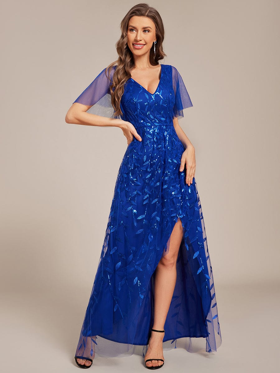 Short Sleeves Sequin High Low V-Neck Midi Formal Evening Dress #color_Sapphire Blue