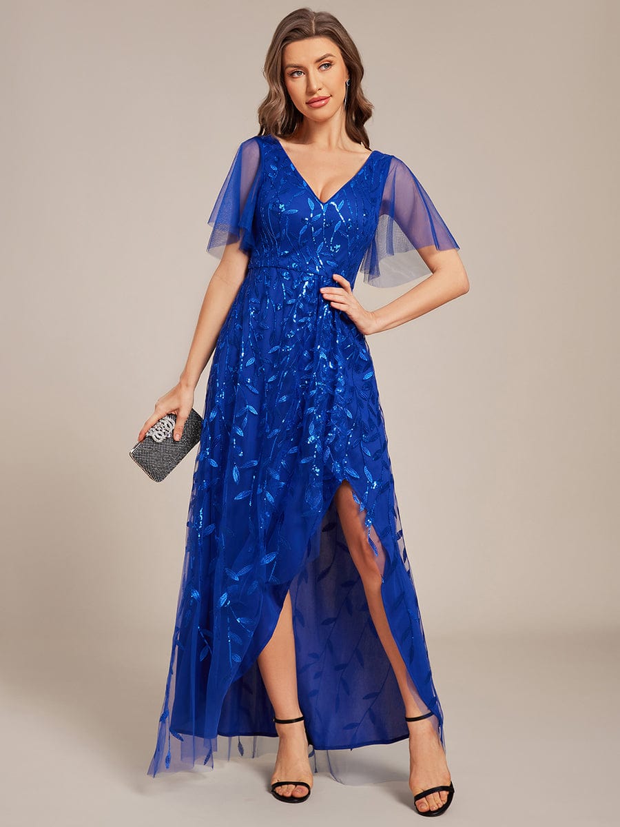 Short Sleeves Sequin High Low V-Neck Midi Formal Evening Dress #color_Sapphire Blue