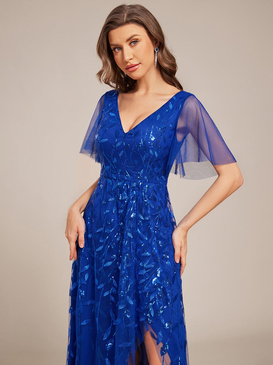 Short Sleeves Sequin High Low V-Neck Midi Formal Evening Dress #color_Sapphire Blue