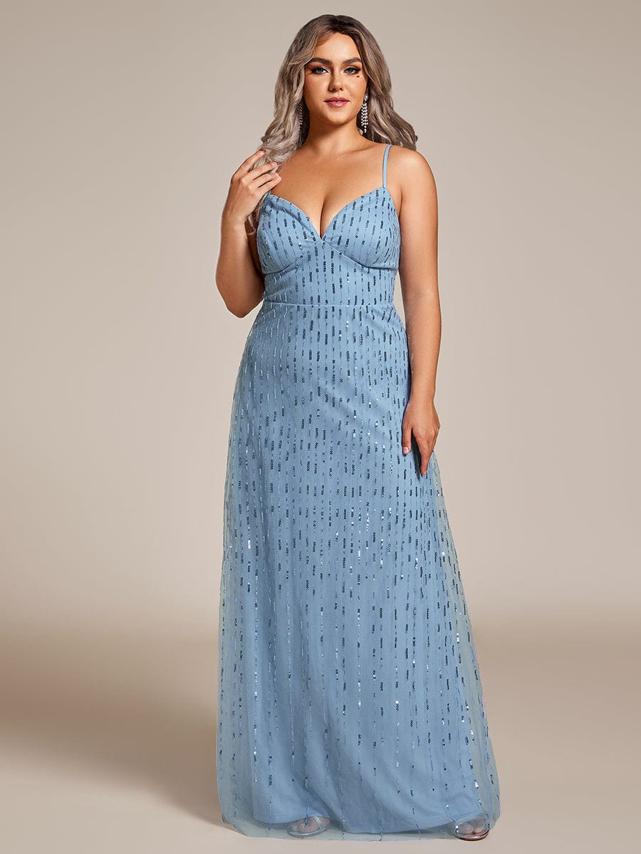 Paillette Spaghetti Straps Formal Evening Dress with Deep V-neck #color_Light Blue