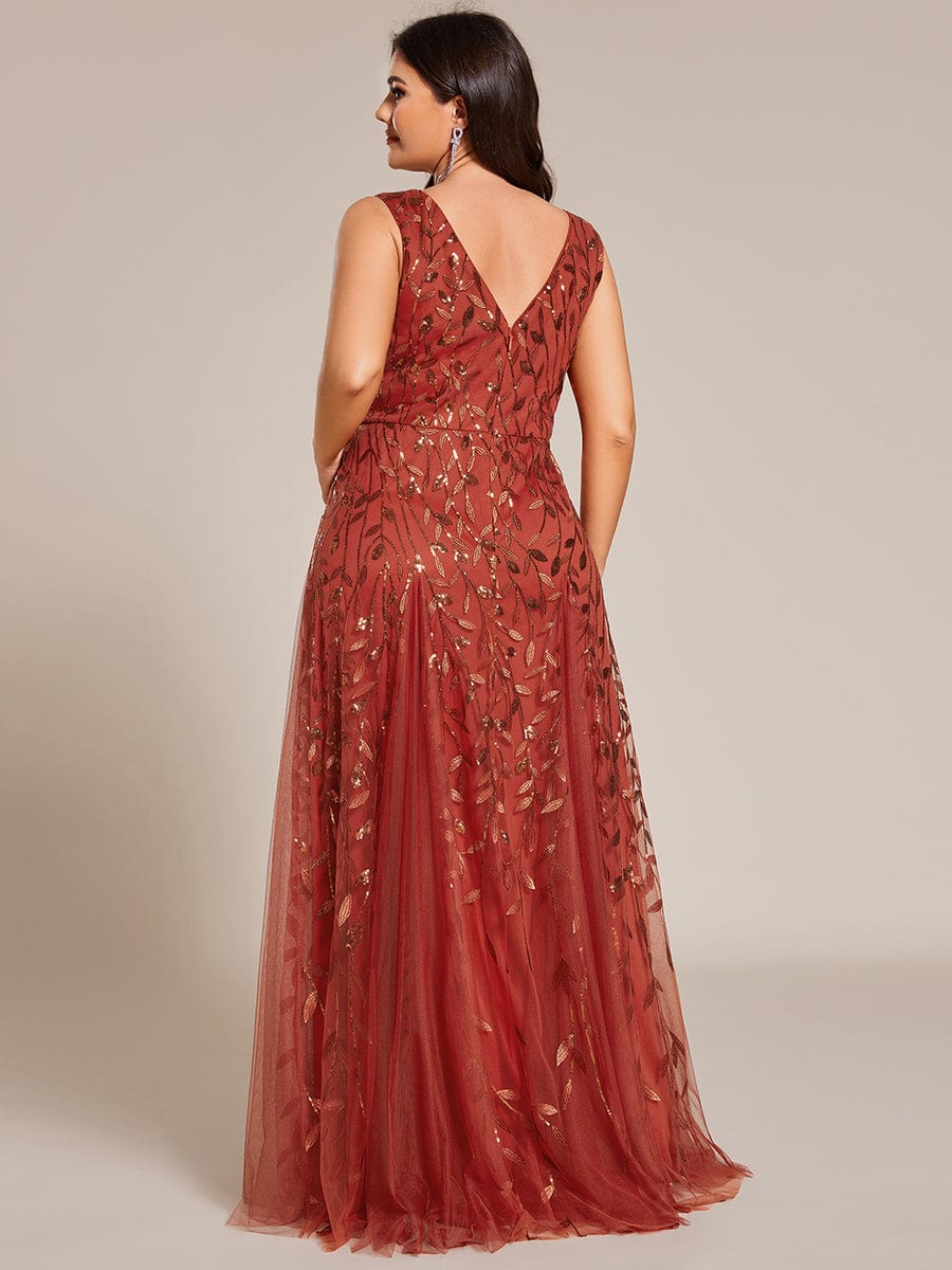 V-Neck Leaf Sequin Sleeveless A-Line Formal Evening Dress with Tulle #color_Burnt Orange