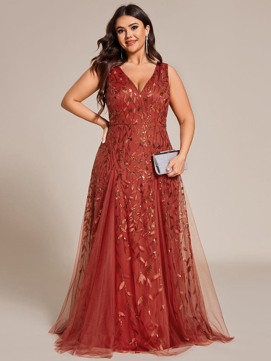 V-Neck Leaf Sequin Sleeveless A-Line Formal Evening Dress with Tulle #color_Burnt Orange