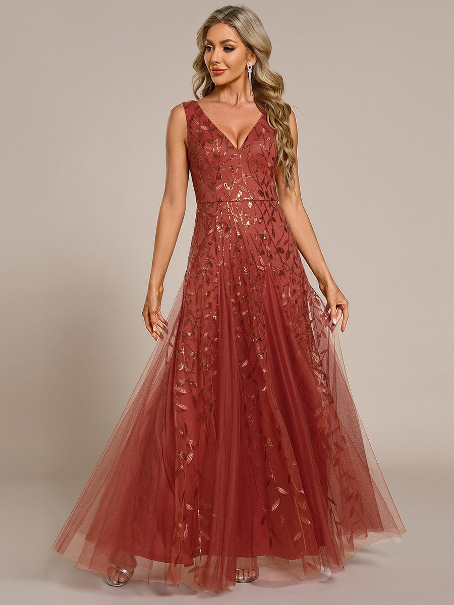 V-Neck Leaf Sequin Sleeveless A-Line Formal Evening Dress with Tulle #color_Burnt Orange