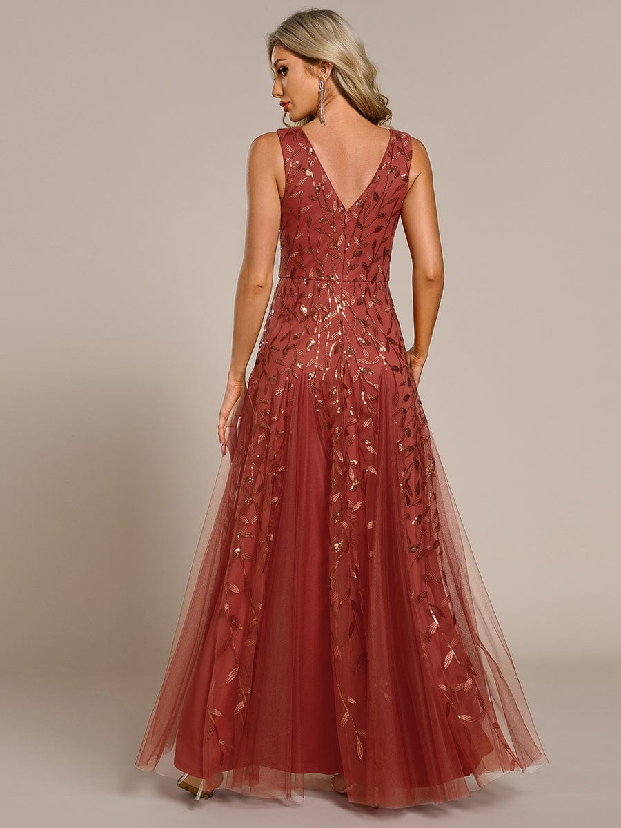 V-Neck Leaf Sequin Sleeveless A-Line Formal Evening Dress with Tulle #color_Burnt Orange