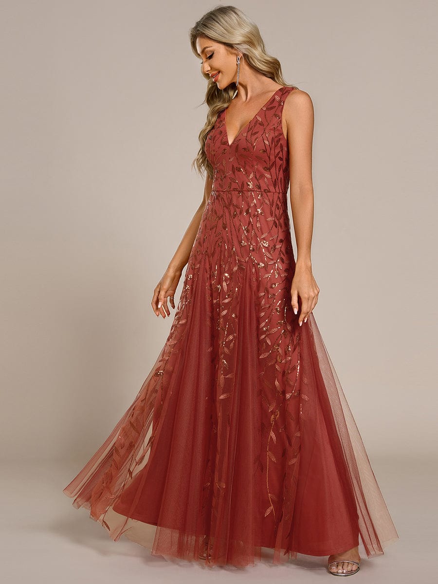 V-Neck Leaf Sequin Sleeveless A-Line Formal Evening Dress with Tulle #color_Burnt Orange