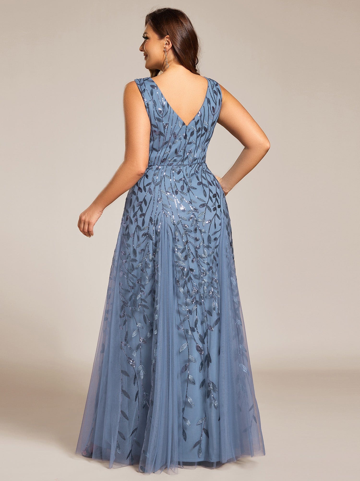 V-Neck Leaf Sequin Sleeveless A-Line Formal Evening Dress with Tulle #color_Dusty Blue