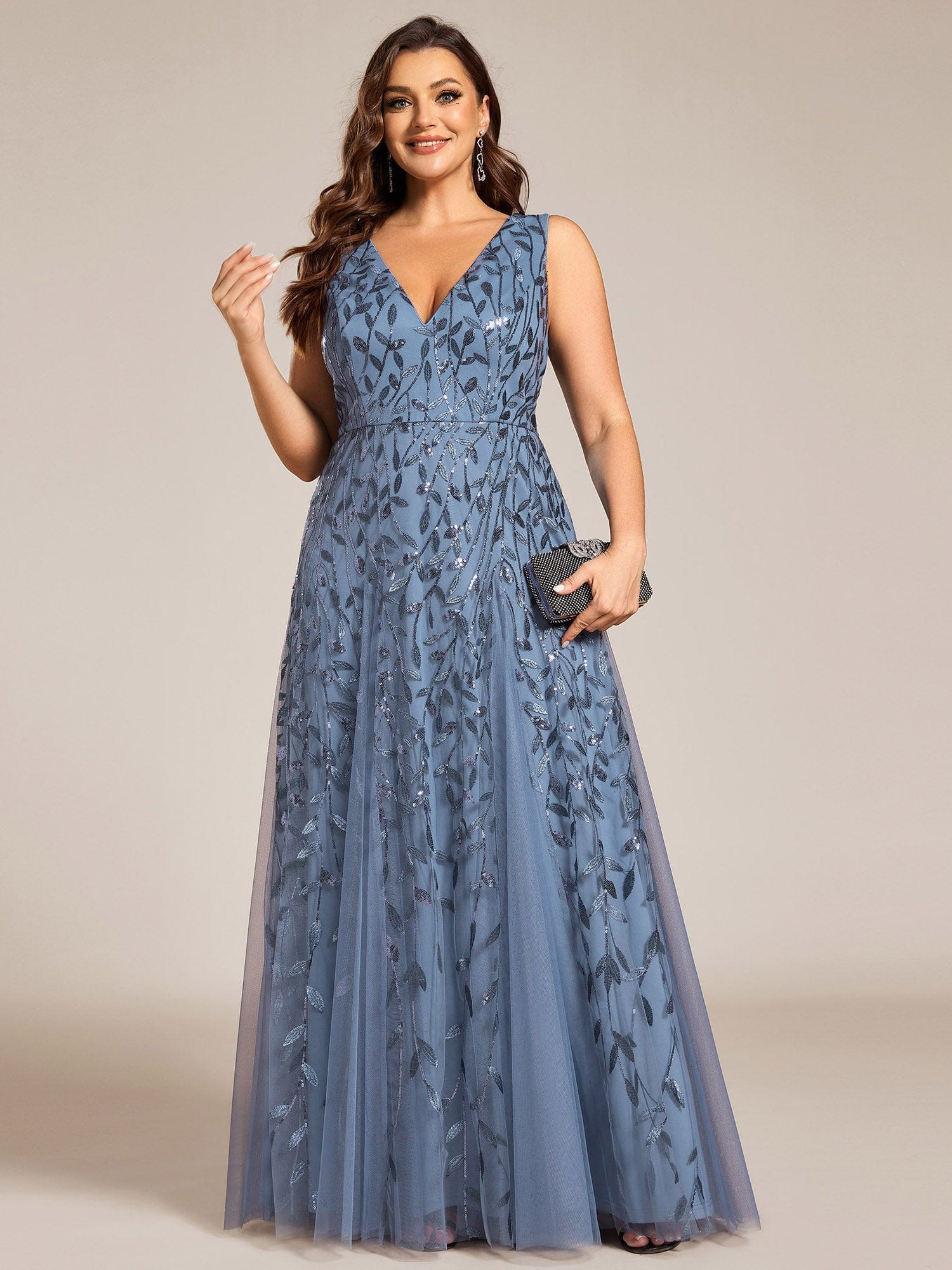 V-Neck Leaf Sequin Sleeveless A-Line Formal Evening Dress with Tulle #color_Dusty Blue