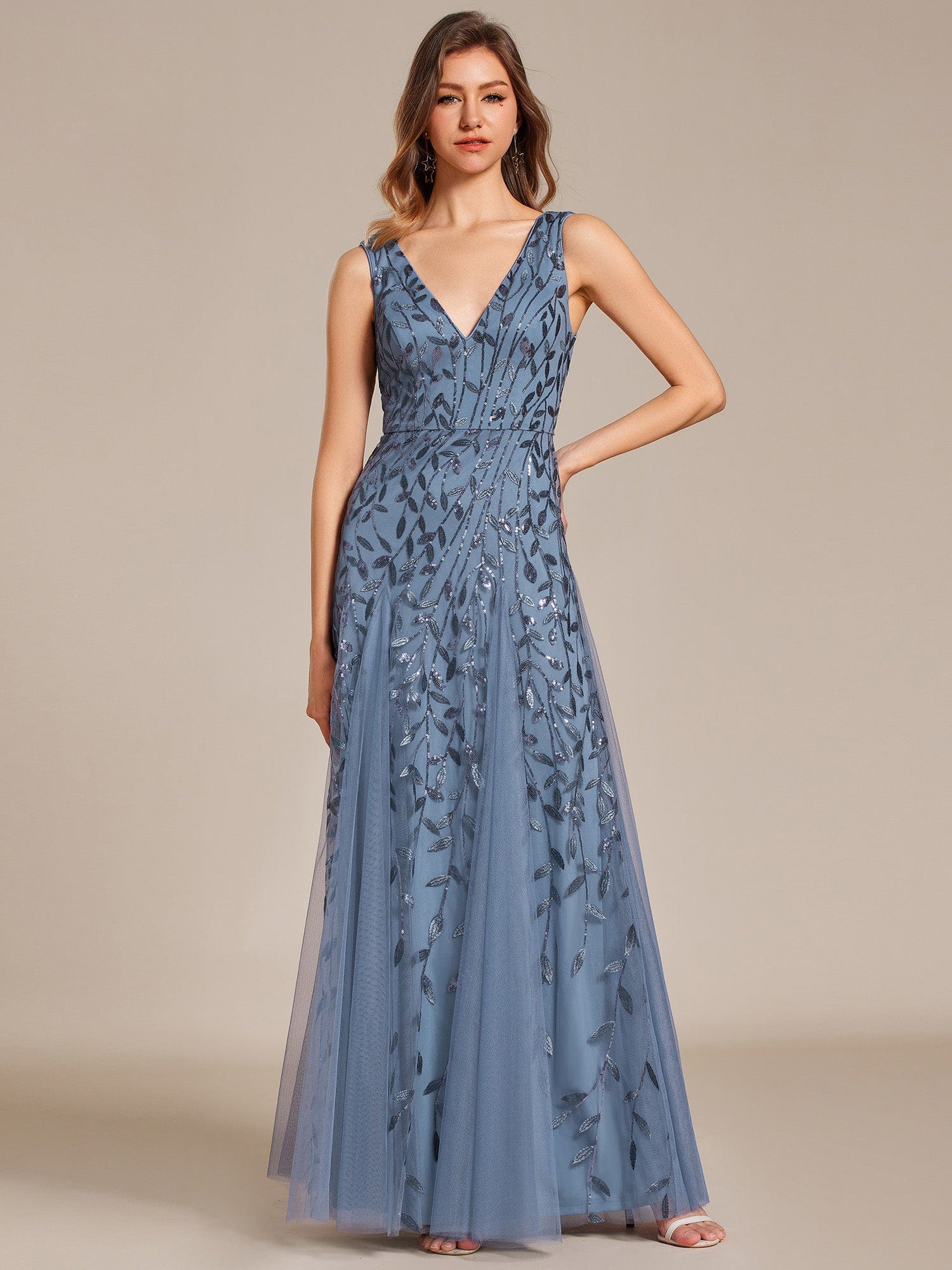 V-Neck Leaf Sequin Sleeveless A-Line Formal Evening Dress with Tulle #color_Dusty Blue