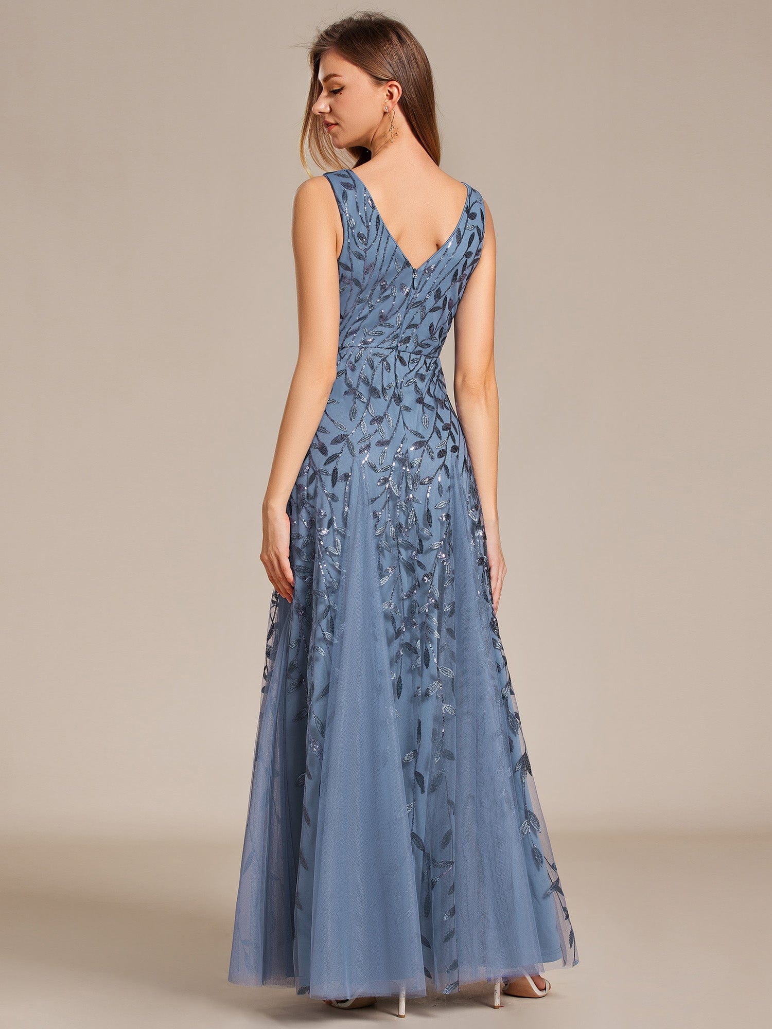 V-Neck Leaf Sequin Sleeveless A-Line Formal Evening Dress with Tulle #color_Dusty Navy