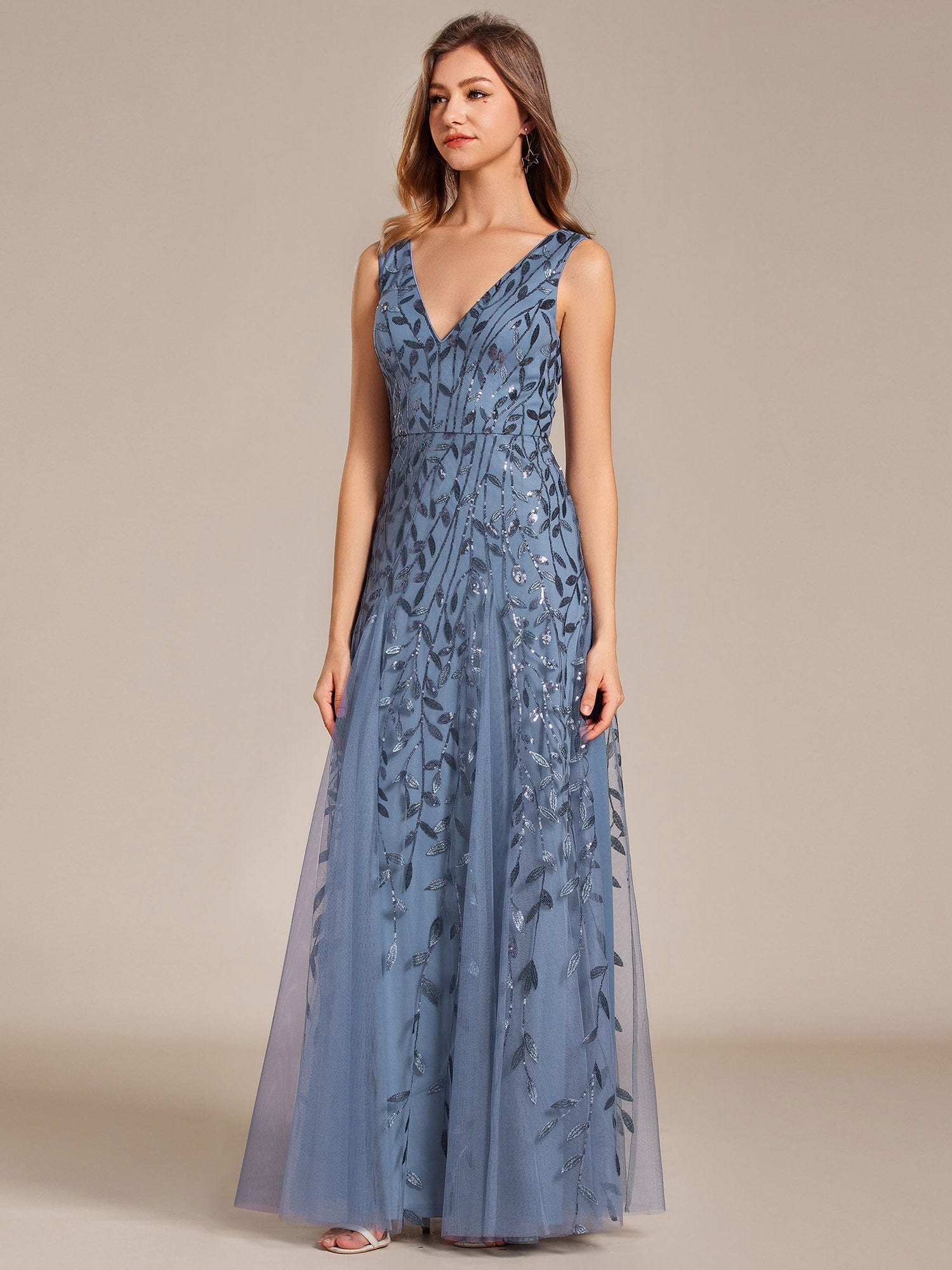 V-Neck Leaf Sequin Sleeveless A-Line Formal Evening Dress with Tulle #color_Dusty Navy