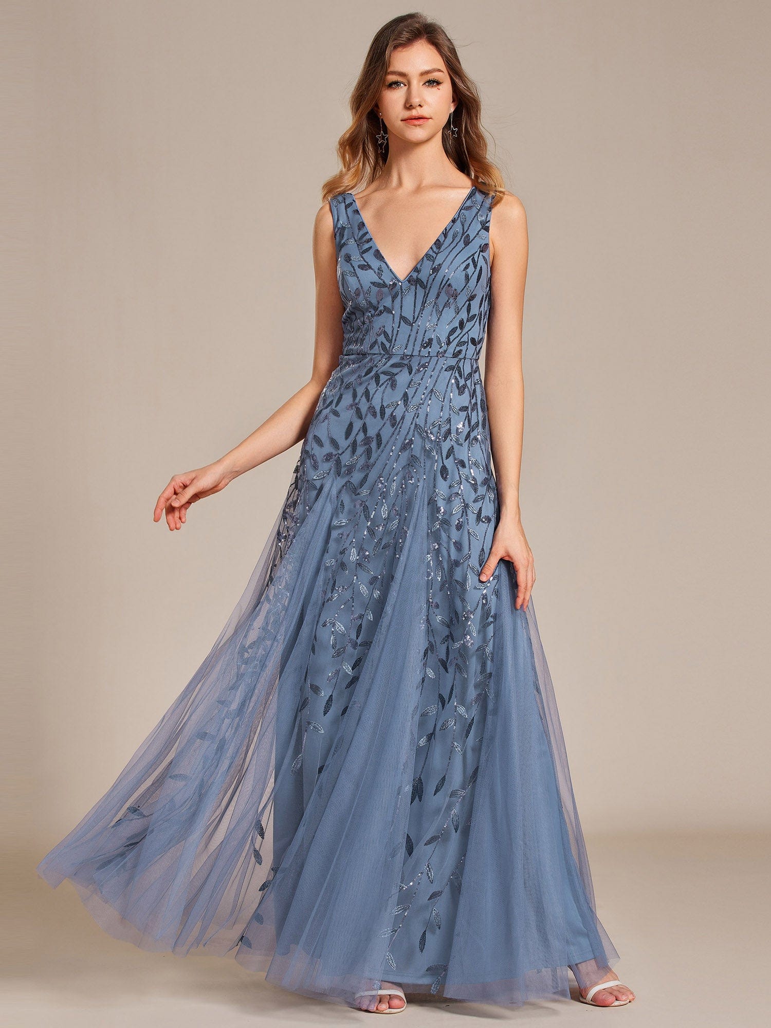 V-Neck Leaf Sequin Sleeveless A-Line Formal Evening Dress with Tulle #color_Dusty Blue