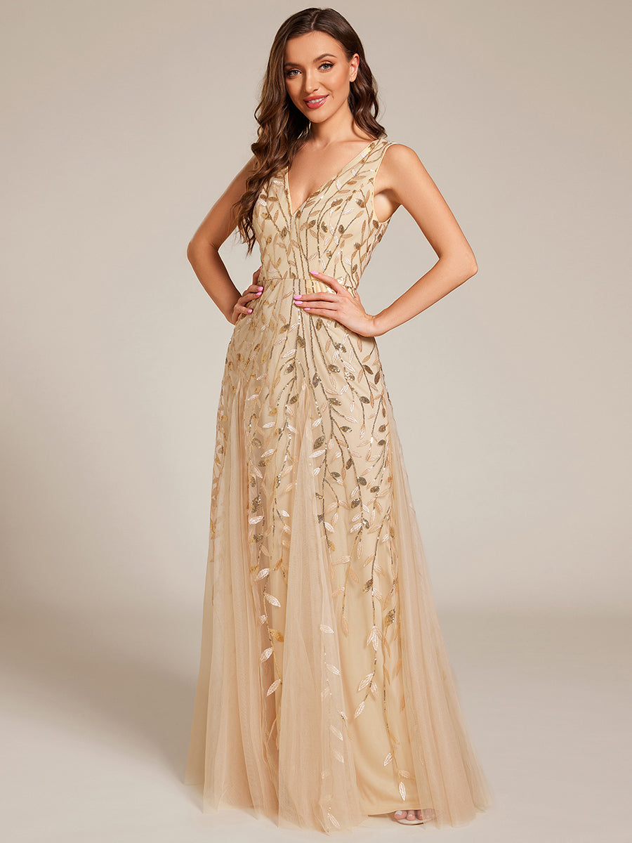 V-Neck Leaf Sequin Sleeveless A-Line Formal Evening Dress with Tulle #color_Gold