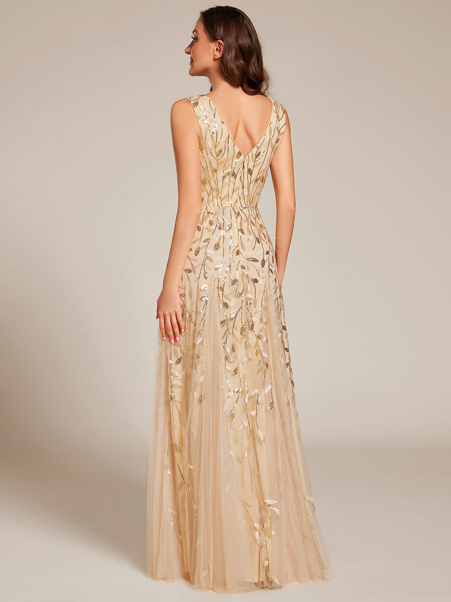 V-Neck Leaf Sequin Sleeveless A-Line Formal Evening Dress with Tulle #color_Gold