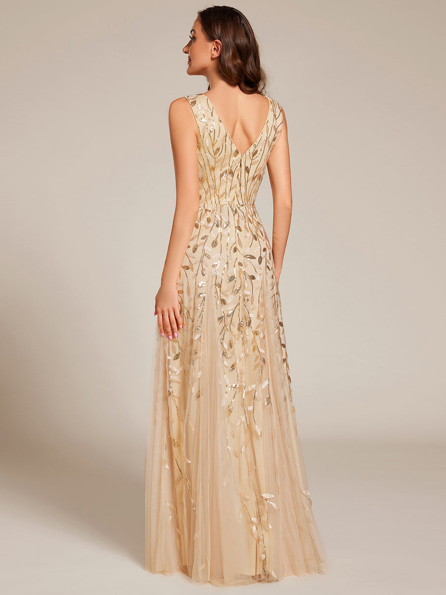 Plus Size Sparkling Sleeveless Leaf Sequin A-Line Formal Evening Dress #color_Gold