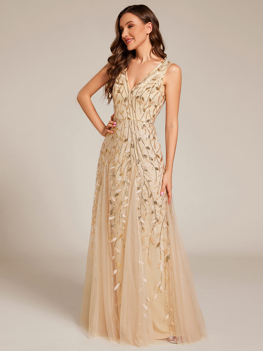 V-Neck Leaf Sequin Sleeveless A-Line Formal Evening Dress with Tulle #color_Gold