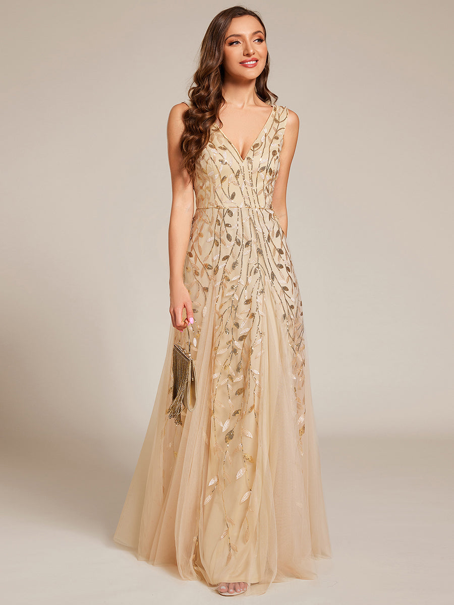 V-Neck Leaf Sequin Sleeveless A-Line Formal Evening Dress with Tulle #color_Gold