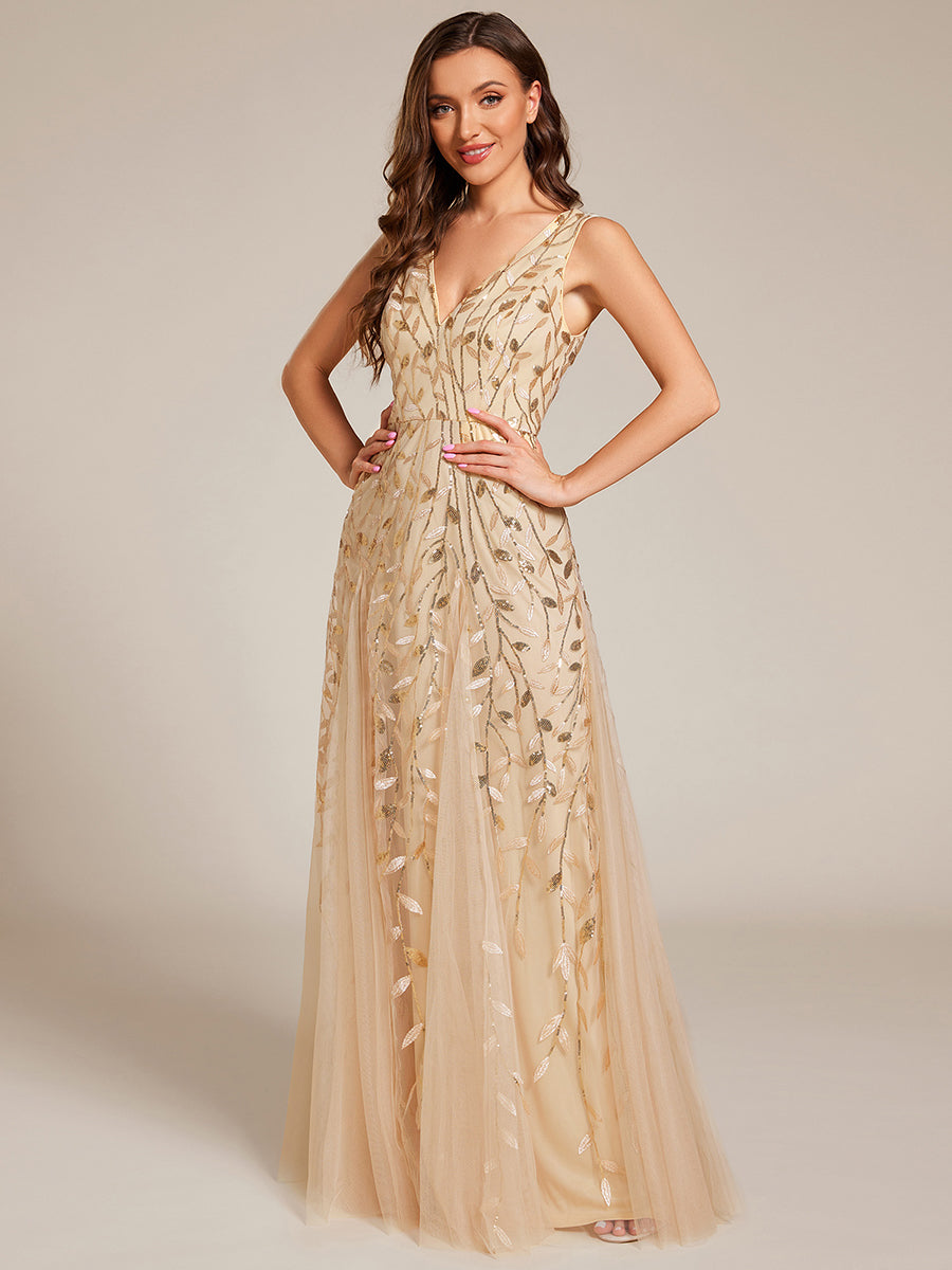 Plus Size Sparkling Sleeveless Leaf Sequin A-Line Formal Evening Dress #color_Gold